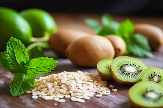 Kiwi and oat flakes on a wooden table selective focus Generative AI