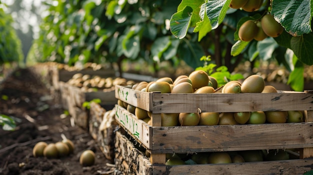 Kiwi orchard in the golden hour with ripe kiwis glowing in the warm light copy space