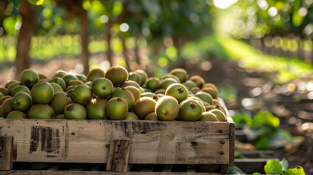 Kiwi orchard at sunrise with ripe kiwis hanging from the vines and a golden sky copy space