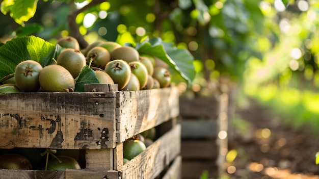 Kiwi orchard at sunrise with ripe kiwis hanging from the vines and a golden sky copy space