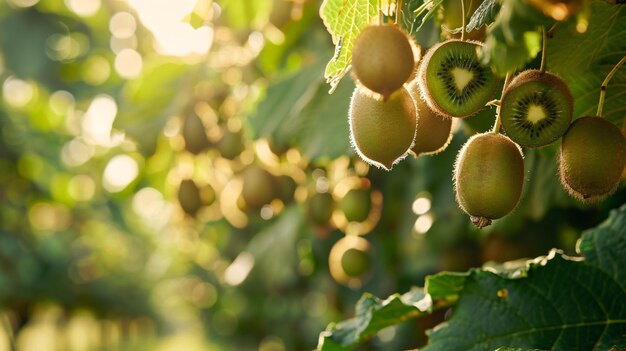 Kiwi orchard at sunrise with ripe kiwis hanging from the vines and a golden sky copy space