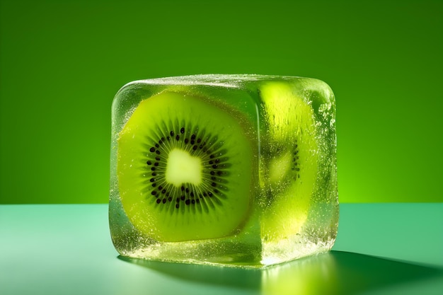 Kiwi slices and ice cubes on a green background