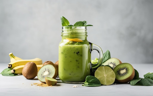 Kiwi smoothie with lime and mint leaves in glass jar