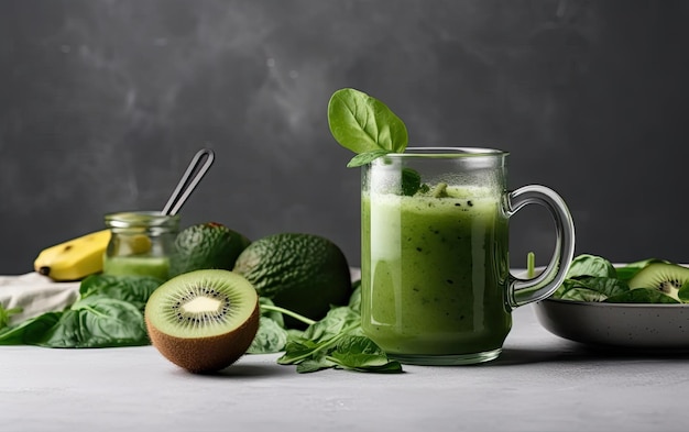 Kiwi smoothie with lime and mint leaves in glass jar