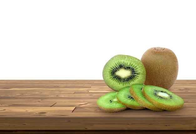 Kiwi splits kiwi pieces on a wooden floor with space for text