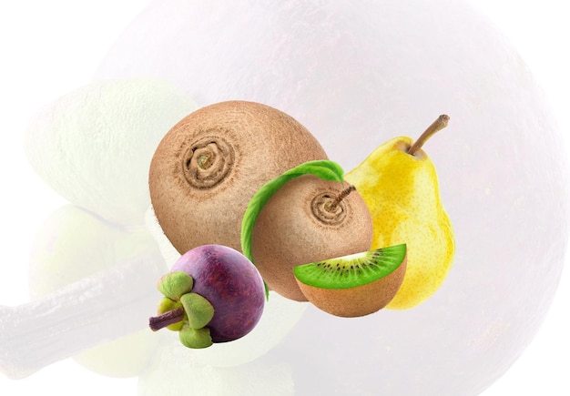 Kiwi with pear artistically arranged on the white background