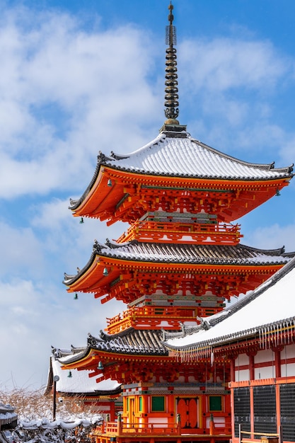 Kiyomizudera Temple Sanjunoto Three Story Pagoda with snow on the roof in winter Kyoto Japan