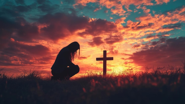 Photo kneeling cross silhouette of a humble woman praying over the cross at sunset