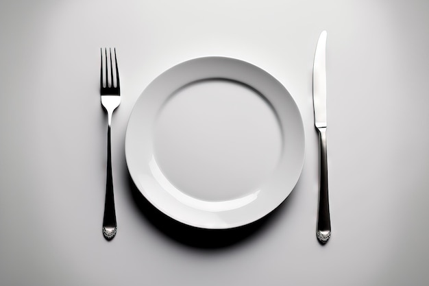 Knife and fork on a plate on a white table