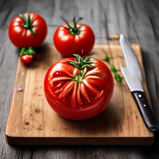 a knife is on a cutting board with tomatoes on it