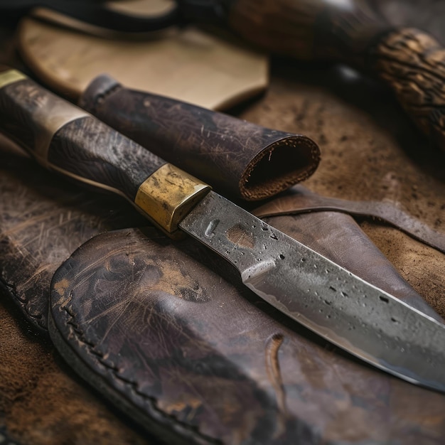 A knife is displayed on a brown leather surface