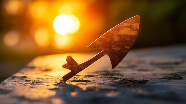 a knife is on the ground with the sun behind it