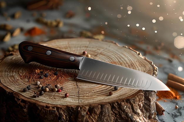 Photo a knife is on a log with a wooden handle