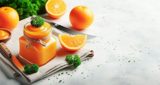 a knife and a knife are on a table with oranges and parsley