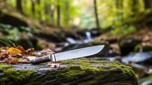 A knife lies on a rock in a forest with a stream in the background.