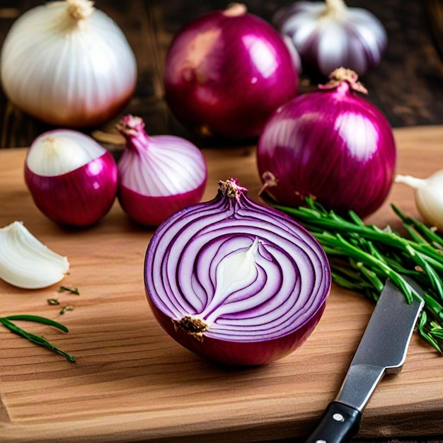 a knife and onion on a cutting board with a knife