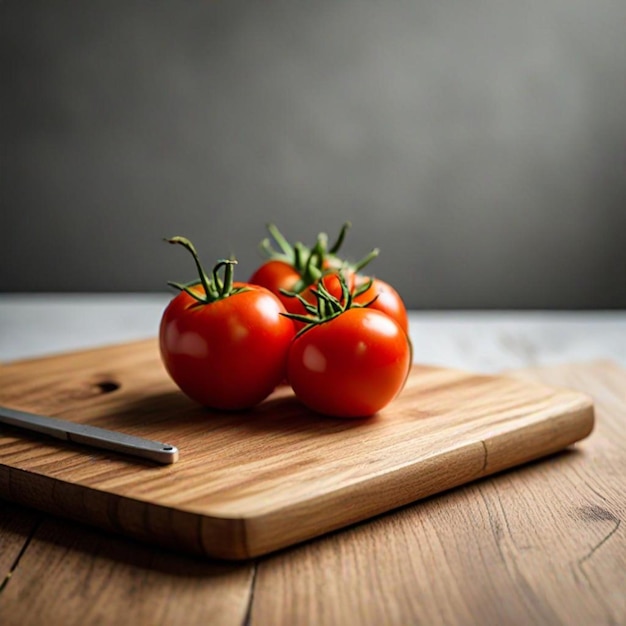 a knife sits on a cutting board with tomatoes on it