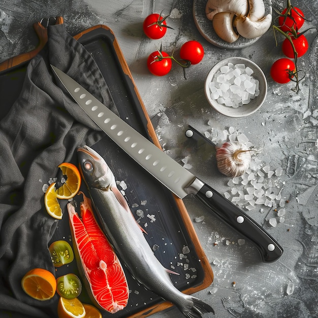 A knife and some fish on a table top view