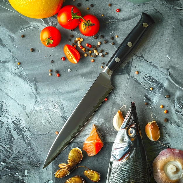 A knife and some tomatoes on a table top view