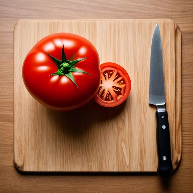 a knife and a tomato are on a cutting board with a knife