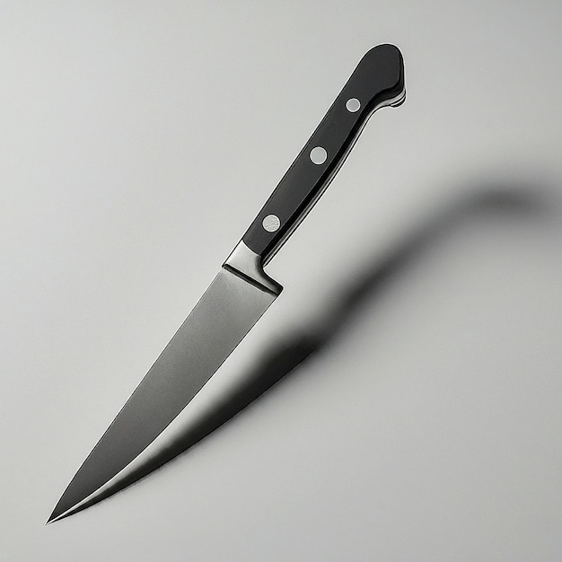 a knife with a black handle is laying on a white surface