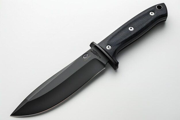 a knife with a black handle and a silver button