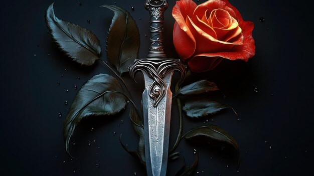 Photo a knife with a red rose on it and a red rose on the top