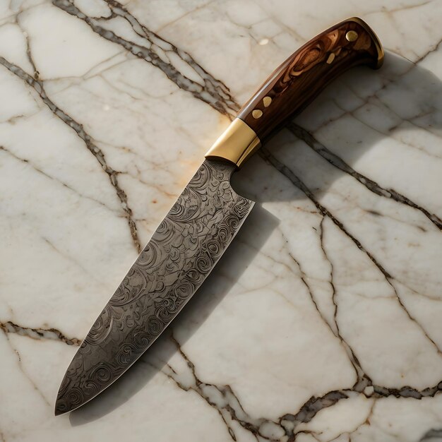 a knife with a wooden handle is on a marble surface