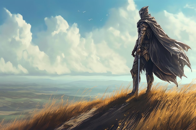 A knight in armor cloak billowing in the wind