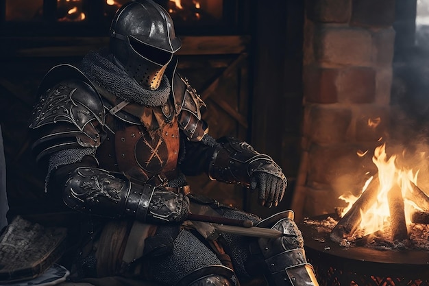 Knight in Armor Relaxing by the Fire AI