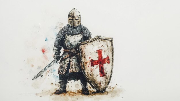 Photo a knight in armor stands defiantly with a sword and shield adorned with a red cross ready for battle in a medieval setting