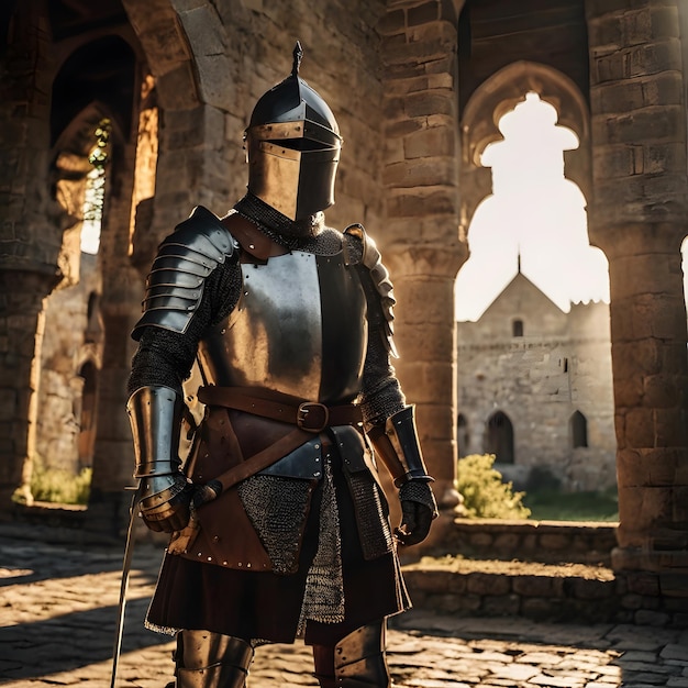 a knight in a armor stands in front of a building with a stone tower in the background