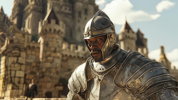 Photo a knight in a armor with a castle in the background