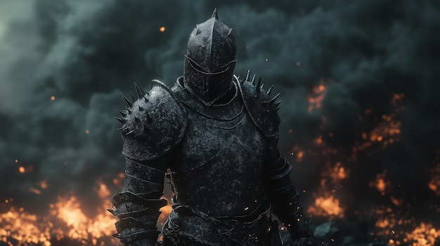 Photo a knight in a armor with a fire background