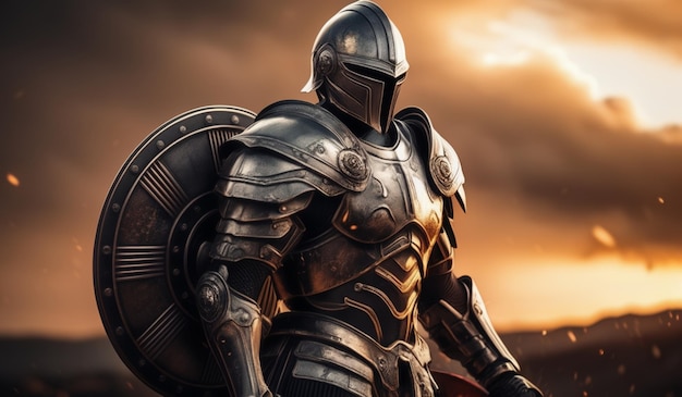 a knight in a armor with a sky background