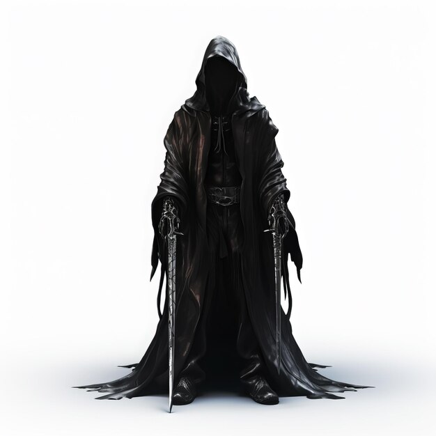 a knight in a black cape stands in front of a white background