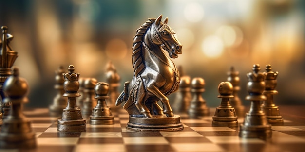 Knight chess standing on chess board Business planning strategy and leadership concept Generative AI