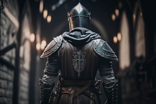 A knight in a dark room with a black helmet and a white logo on his chest.