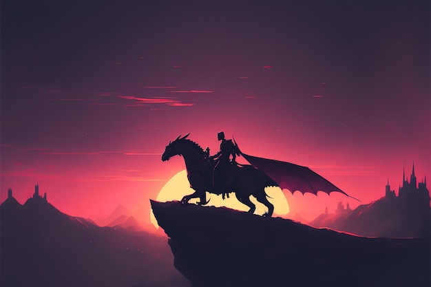 Knight on the dragon The black knight riding the dragon flying Digital art style illustration painting