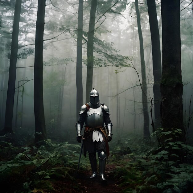 Photo a knight in a forest with a sword in his hand