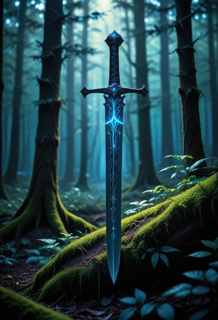 Photo a knight in a forest with a sword in the woods