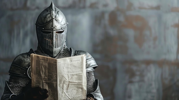 A knight in full armor is reading a book