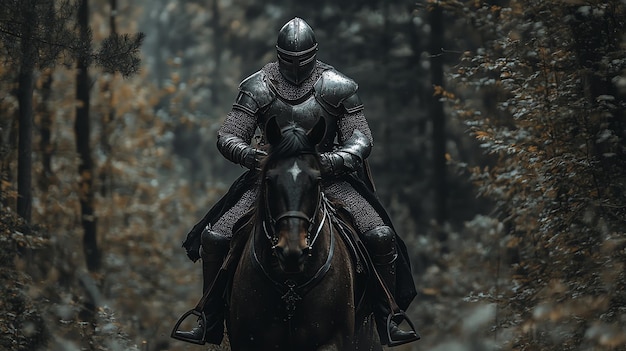 Photo a knight in full armor rides a horse through a dark forest