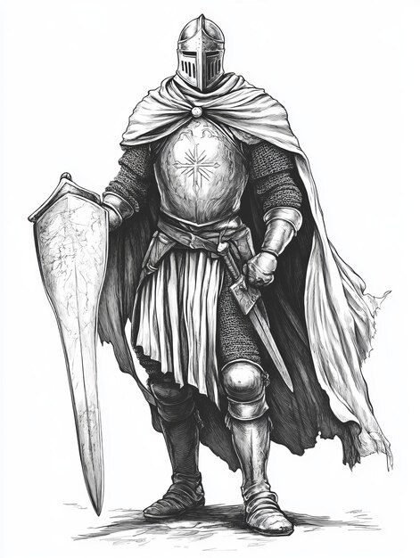 Photo a knight in full armor standing with shield and sword