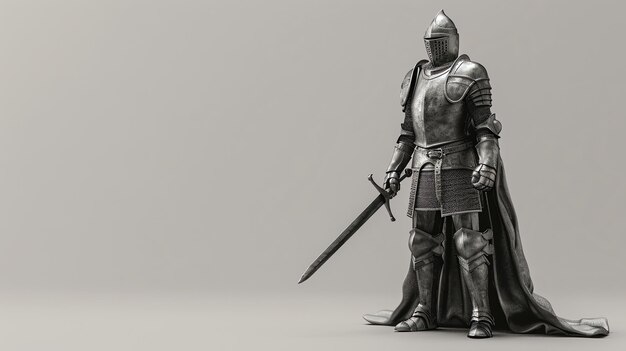 Photo a knight in full armor standing with a sword against a grey background