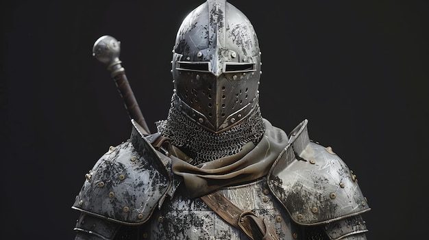 A knight in full armor stands against a dark background