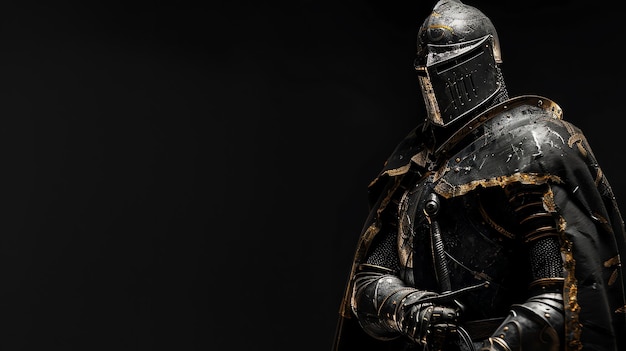 A knight in full armor stands against a dark background