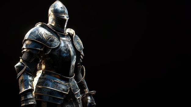 A knight in full armor stands against a dark background