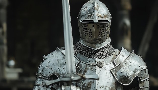 A knight in full armor stands in a forest holding a sword