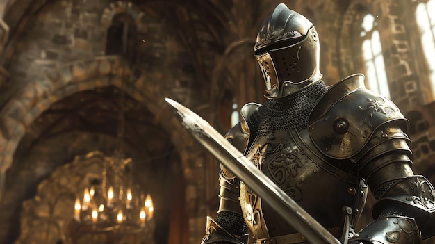 A knight in full armor stands in a grand hall sword at the ready